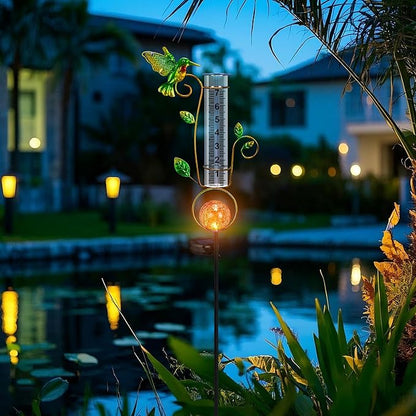 Rain Gauge Outdoor - Solar Rain Gauges Hummingbird Decorative with Color Changing LED Cracked Ball Lights 7" Freeze Proof Tube Rain Gauge Outdoors Best Rated for Yard Lawn Patio Garden Decor