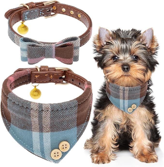 EXPAWLORER Dog Collar Bandana Set - Classic Plaid Dog Bow Tie and Bandana Collar with PU Leather, Adjustable Collars for Small Medium Large Dogs Cats, Holiday Ideal Gift, Blue S