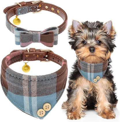 EXPAWLORER Dog Collar Bandana Set - Classic Plaid Dog Bow Tie and Bandana Collar with PU Leather, Adjustable Collars for Small Medium Large Dogs Cats, Holiday Ideal Gift, Blue S