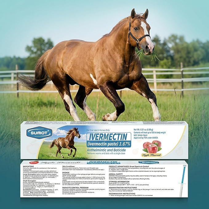 Ivermectin Horse Paste 1.87% – Apple Flavored Oral Dewormer for Horses, 6-Pack