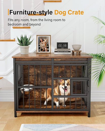 Dog Crate Furniture for Medium Dogs: Heavy Duty Chewproof Wooden Kennel Furniture - Dog Cage Table for High Anxiety - 360° Adjustable Bowls Multi-Lock Sliding Door for Indoor