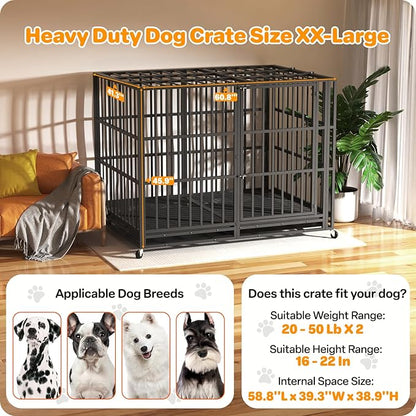 Hiwokk 60 Inch Heavy Duty Dog Crate, Indestructible Escape-Proof Dog Kennel for High Anxiety Large Dogs, Strong Metal Pet Cage with Double Doors, Lockable Wheels & Removable Tray, XL XXL XXXL