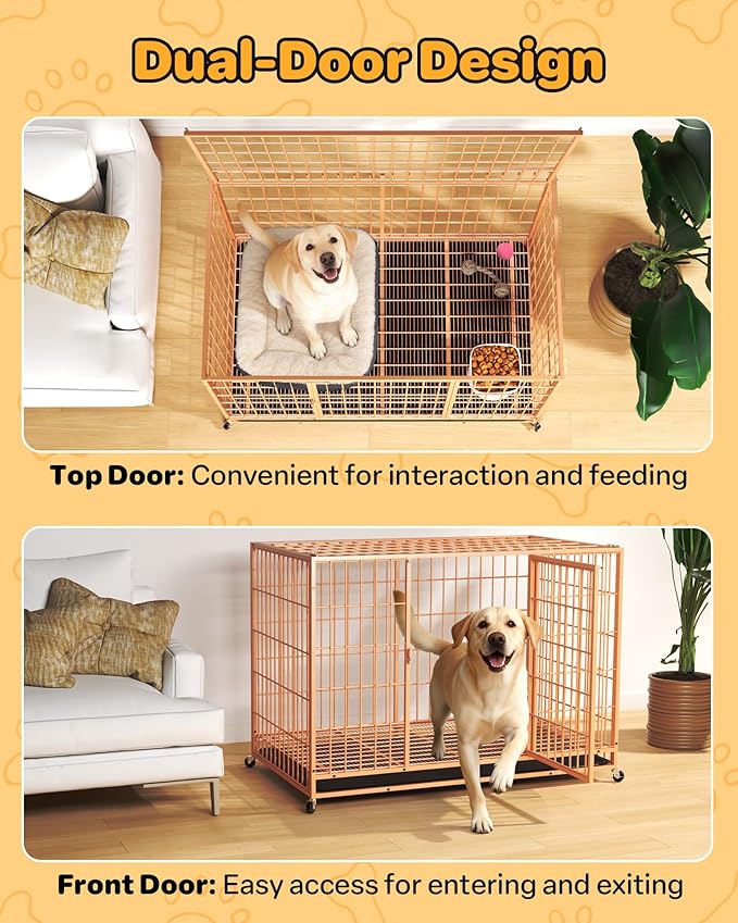 HIWOKK 48 Inch Large Dog Crate, Escape Proof Dog Cage with Dual Door Lock and Swivel Casters,Removable Tray for Easy Cleaning, Dog Kennel Indoor Outdoor Use