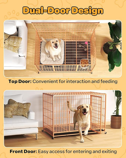 HIWOKK 48 Inch Large Dog Crate, Escape Proof Dog Cage with Dual Door Lock and Swivel Casters,Removable Tray for Easy Cleaning, Dog Kennel Indoor Outdoor Use