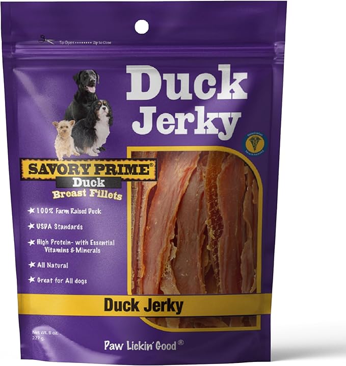 Savory Prime Duck Jerky Dog Treats, Made with 100% Real Duck Breast, Farm Raised, Healthy, Easily Digestible, High Protein, Satisfies Dog's Urge to Chew, 8 Ounce (Pack of 1)