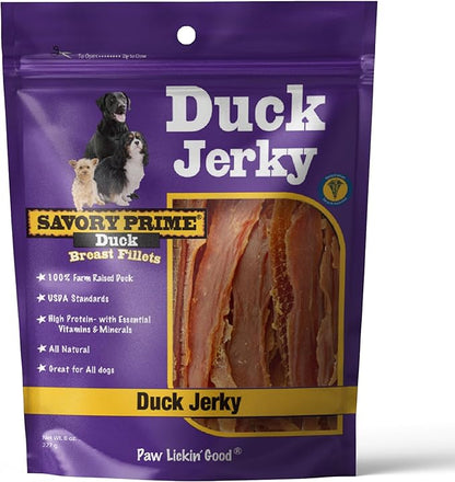 Savory Prime Duck Jerky Dog Treats, Made with 100% Real Duck Breast, Farm Raised, Healthy, Easily Digestible, High Protein, Satisfies Dog's Urge to Chew, 8 Ounce (Pack of 1)
