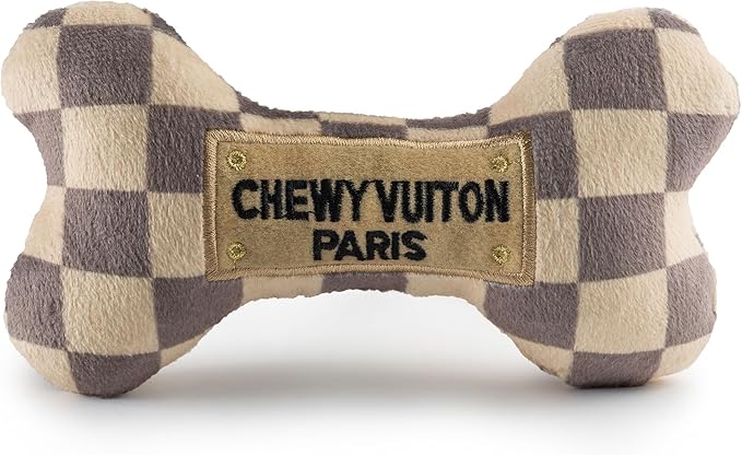 Haute Diggity Dog Chewy Vuiton Bone Plush Squeaky Dog Toy, Soft Durable Designer-Inspired Stuffed Puppy Chew Toys for Small & Medium Dogs, Machine-Washable (Tan Checker) Large