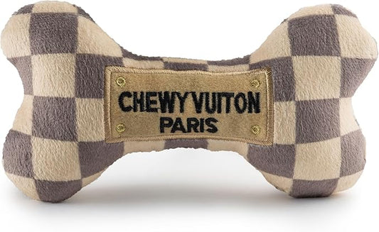 Haute Diggity Dog Chewy Vuiton Bone Plush Squeaky Dog Toy, Soft Durable Designer-Inspired Stuffed Puppy Chew Toys for Small & Medium Dogs, Machine-Washable (Tan Checker) Large