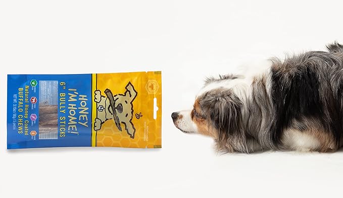 Honey I'm Home, Bully Sticks Buffalo Dog Chews, 6 Inches, 5 Pieces - All Natural, Free Range, Healthy, Grain Free, Honey Coated & Crispy