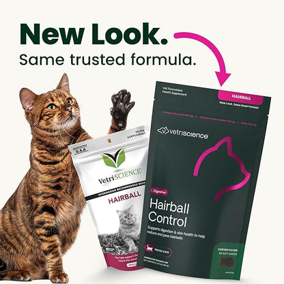 VetriScience Hairball Control Chews for Cats, Omega-3 and Fiber Supplement, Support Digestion and Skin and Coat, Tasty Small Bites, Chicken, 60 Count