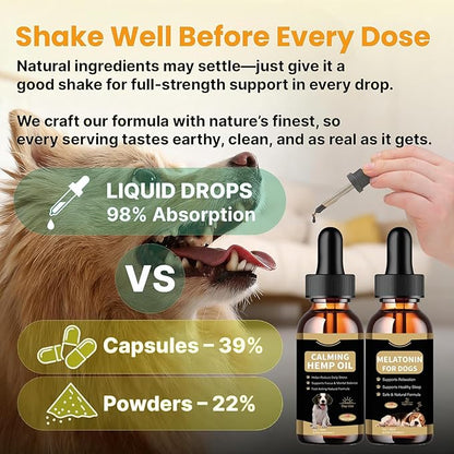 Hemp Oil & Melatonin for Dogs, Day & Night Calming Drops Support Set, Helps with Anxiety, Stress, Aggression, Separation, Relaxation & Sleep Aid