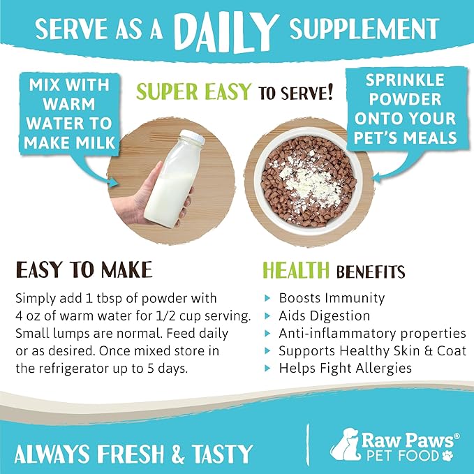 Raw Paws Whole Goat Milk Powder for Dogs and Cats, 7-oz - Made in USA - Powdered Goat Milk Dog Food Topper - Pet Nutritional Supplement to Support Healthy Digestion
