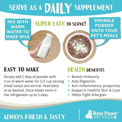 Raw Paws Whole Goat Milk Powder for Dogs and Cats, 7-oz - Made in USA - Powdered Goat Milk Dog Food Topper - Pet Nutritional Supplement to Support Healthy Digestion