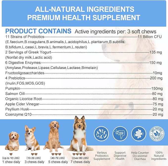 Probiotics for Dogs Gut Digestive Health Probiotic Chews for Dogs with 11 Billion CFUs, 4 Prebiotics, Pumpkin, Salmon Oil & Yogurt Base| Supports Gas, Yeast Balance & Immune, Dog Probiotics 200ct