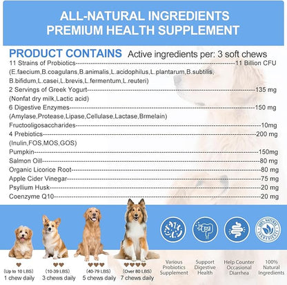 Probiotics for Dogs Gut Digestive Health Probiotic Chews for Dogs with 11 Billion CFUs, 4 Prebiotics, Pumpkin, Salmon Oil & Yogurt Base| Supports Gas, Yeast Balance & Immune, Dog Probiotics 200ct
