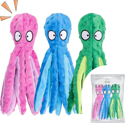 3 Pack Dog Toys for Small Dogs, Medium Dogs, Large Dogs, Puppy Teething Chew Toys, aggressive chewers, No Stuffing Crinkle Plush Dog Toys, Dog Squeaky Octopus Toys