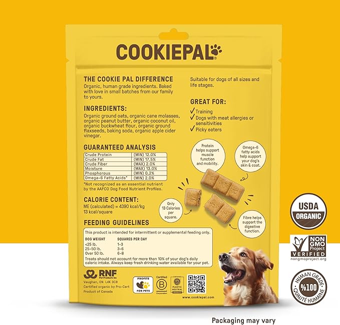 CookiePal Dog Treats, Crunchy Peanut Butter Puppy Training Treats, Human Grade USDA Organic, Natural Dog Biscuits, 10oz (Pk of 3)