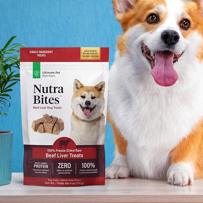 ULTIMATE PET NUTRITION Nutra Bites Freeze Dried Raw Single Ingredient Training Treats Food Topper for Dogs, 4 Ounces, Beef Liver