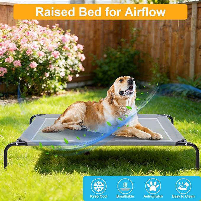 42'' Outdoor Elevated Dog Bed with Four Ice Pack, Raised Dogs Bed Medium Large Size Dogs, Breathable Cooling Dog Cot Beds with Six Support Feet, Outdoor Dog Hammock Bed, Outside Pet Bed(Medium)