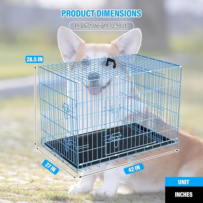 Large Dog Crate Kennel Metal Dog Cage for Medium Large Dogs Double-Door Folding Travel Indoor Outdoor Puppy Playpen with Divider and Handle Plastic Tray,42",Blue