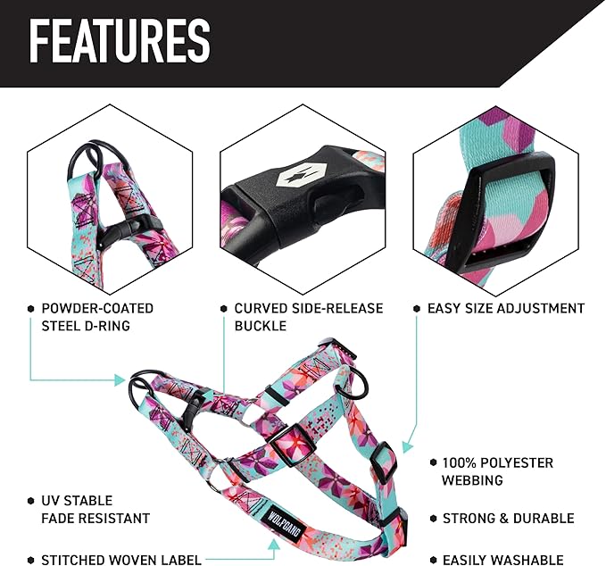 Wolfgang Heavy Duty Adjustable Dog Harness, Pull-Tested to Over 800 lbs for Walking & Training, DigiFloral Print, Large
