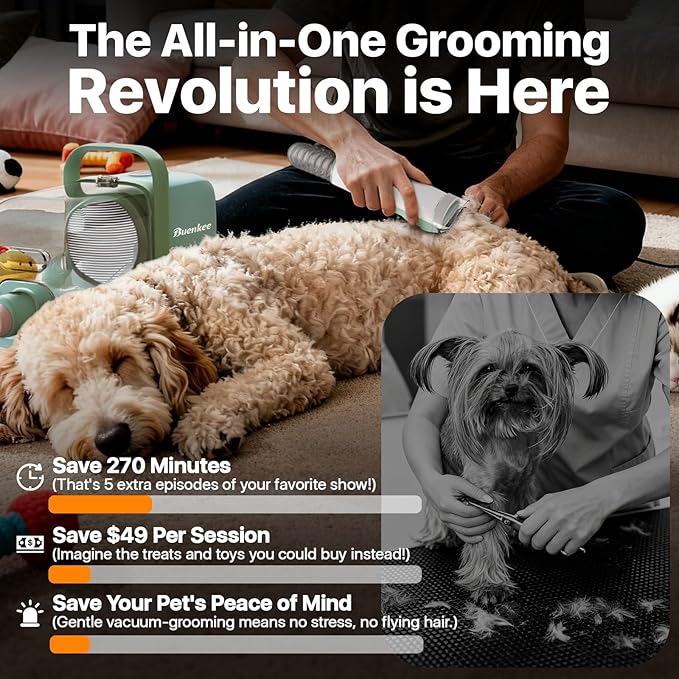 buenkee Dog Grooming Kit with Vacuum, 15000Pa Pet Hair Clipper and Shedding Brush, 50dB Low Noise, 2L Capacity, White