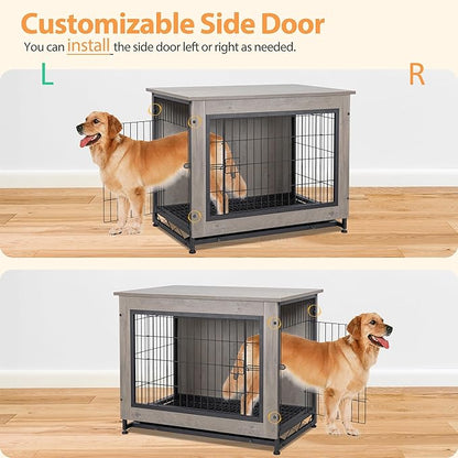 Shintenchi Wooden Dog Crate Furniture for Large Breed, L Double-Door Kennel Indoor with Removable Tray, End Table L Dog Crate for Decoration, 44.1" L, Gray
