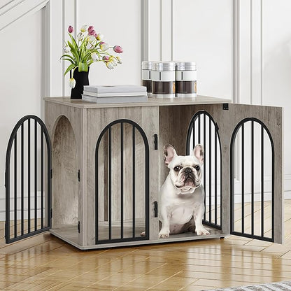 Hzuaneri 26.8'' Wooden Dog Crate Furniture, Indoor Dog Kennel Dogs Cage for Small Dogs, Heavy Duty Dog Crates Decorative Pet House End Side Table TV Stand, Greige DFC85505B
