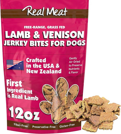 Real Meat Dog Treats - 12oz Bag of Bite-Sized Air-Dried Lamb & Venison Jerky for Dogs - Grain-Free Jerky Dog Treats With 95% Quality, Free-Range, Grass Fed Lamb & Venison - All-Natural Dog Treats