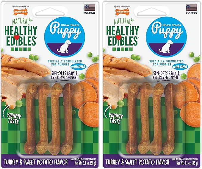 Nylabone Healthy Edibles Natural Puppy Chews Long Lasting Treats for Puppies, Turkey & Sweet Potato Flavor, X-Small/Petite (4 Count) (Pack of 2)