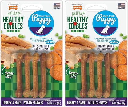 Nylabone Healthy Edibles Natural Puppy Chews Long Lasting Treats for Puppies, Turkey & Sweet Potato Flavor, X-Small/Petite (4 Count) (Pack of 2)