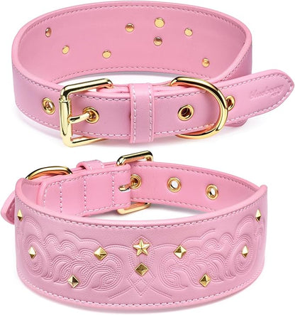 Blueberry Pet Premium Embossed Pink Glam Silver-Powered Freshness Microfiber Leather Dog Collar with Gold Studs