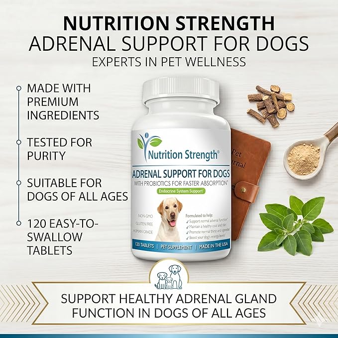 Adrenal Support for Dogs, Support for Dogs with Cushing's Disease, Maintain a Healthy Coat and Skin, Promote Normal Urination, Thirst and Appetite, 120 Chewable Tablets