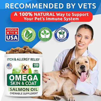 BARK&SPARK Omega 3 for Dogs and Cats-180 Fish Oil Treats for Dogs & Cats Shedding, Skin Allergy, Itch Relief, Hot Spots Treatment-Joint Health-Skin and Coat Supplement-EPA & DHA Fatty Acids-Salmon Oil
