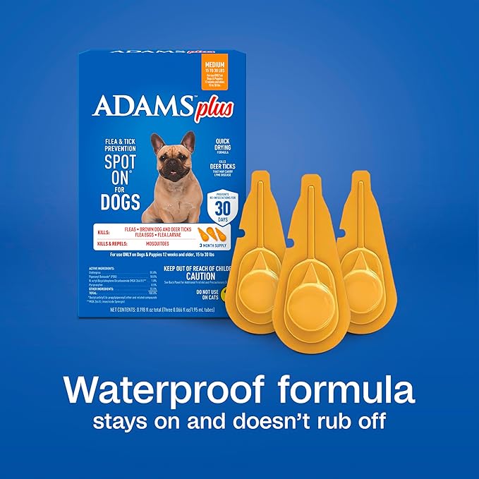 Adams Plus Flea & Tick Prevention Spot On for Dogs 15-30 Pounds, 12 Weeks & Older, 3-Month Supply, Kills Fleas, Flea Eggs, Flea Larvae & Brown Dog & Deer Ticks, Kills & Repels Mosquitoes For 30 Days