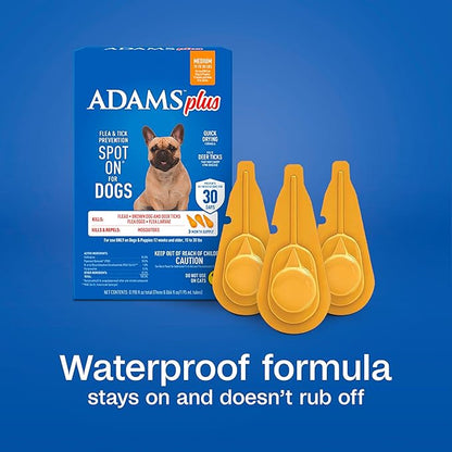 Adams Plus Flea & Tick Prevention Spot On for Dogs 15-30 Pounds, 12 Weeks & Older, 3-Month Supply, Kills Fleas, Flea Eggs, Flea Larvae & Brown Dog & Deer Ticks, Kills & Repels Mosquitoes For 30 Days