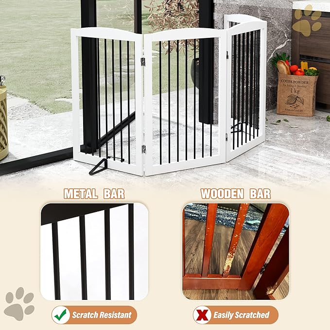 PUPETPO Freestanding Pet Gate for Dogs, Indoor Wooden Dog Gate for House, Foldable Dog Gate for Doorway, Stair, Gates for Dogs Indoor, 80 Inch Wide, 4 Panels 32", White