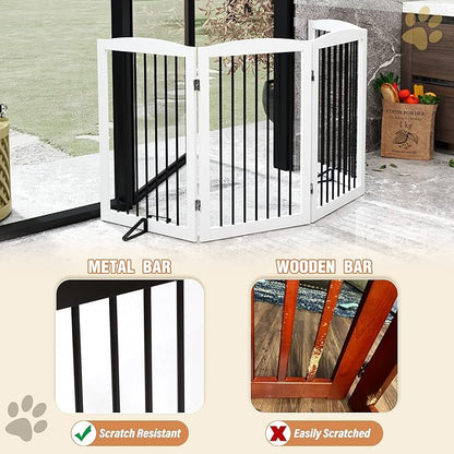 PUPETPO Freestanding Pet Gate for Dogs, Indoor Wooden Dog Gate for House, Foldable Dog Gate for Doorway, Stair, Gates for Dogs Indoor, 80 Inch Wide, 4 Panels 32", White