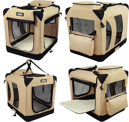 EliteField 3-Door Folding Soft Dog Crate with Carrying Bag and Fleece Bed (2 Year Warranty), Indoor & Outdoor Pet Home (30" L x 21" W x 24" H, Beige)