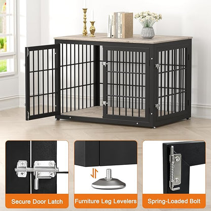 rehomerance 42 Inch Heavy Duty Dog Crate Furniture for Large and Medium Dogs, Decorative Pet House End Table, Wooden Cage Kennel Furniture Indoor, Grey