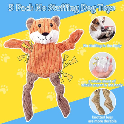 5 Pack Squeaky Dog Toys, No Stuffing Plush Dog Chew Toy Puppy Teething Toys to Keep Them Busy, Chewer Tough Durable Crinkle Interactive Dogs Toy Bundle for Small Medium Large Dogs