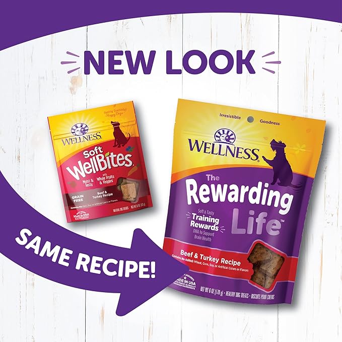 Wellness Rewarding Life Grain-Free Soft Dog Treats, Made in USA with Healthy Ingredients, Ideal for Training (Beef & Turkey Recipe, 6-Ounce Bag) (Pack of 2)