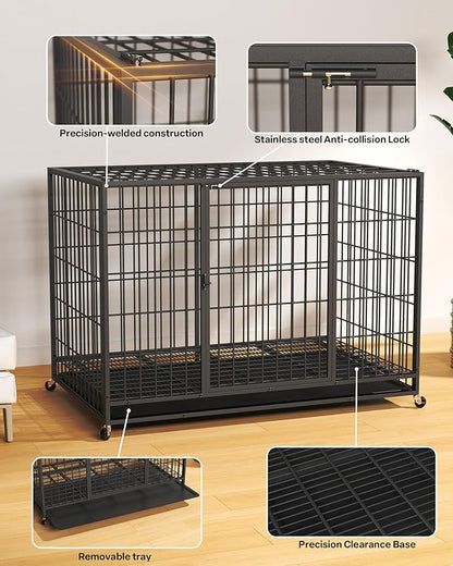 HIWOKK 48 Inch Large Dog Crate, Escape Proof Dog Cage with Dual Door Lock and Swivel Casters,Removable Tray for Easy Cleaning, Dog Kennel Indoor Outdoor Use