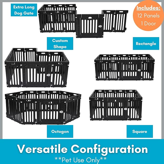 BIRDROCK HOME Dog Playpen w/Door, 12 Panel, 25.6in H | Strong Plastic, Non-Slip Puppy Playpen, Secure Pet Gate | Indoor Outdoor Fence | Configurable Panels | Small to Medium Pets - Black