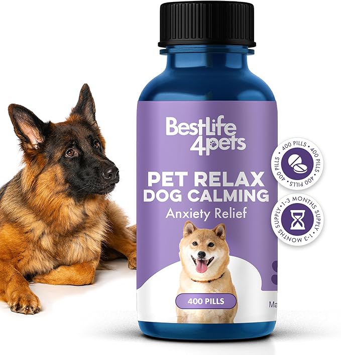 Pet Relax Dog Calming Anxiety Relief, Long-Lasting Dog Relaxants for Stress Relief, Natural Solution for Separation Anxiety, Travel, Thunderstorms, and Fireworks, 400 Odorless, Tasteless Pills
