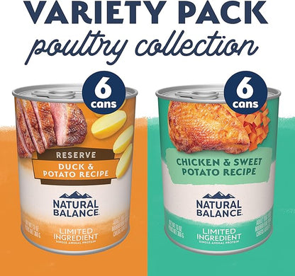 Natural Balance Limited Ingredient Wet Dog Food, Variety Pack, Reserve Duck & Potato and Chicken & Sweet Potato, 13oz., (Case of 12)