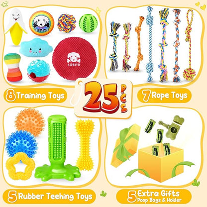 KIPRITII 25 Pack Various Dog Toys Set – Ideal for Teething, Entertainment & Interactive Play, Includes Puppy Toys, Rope Toys, Treat Balls and Squeaky Dog Toys