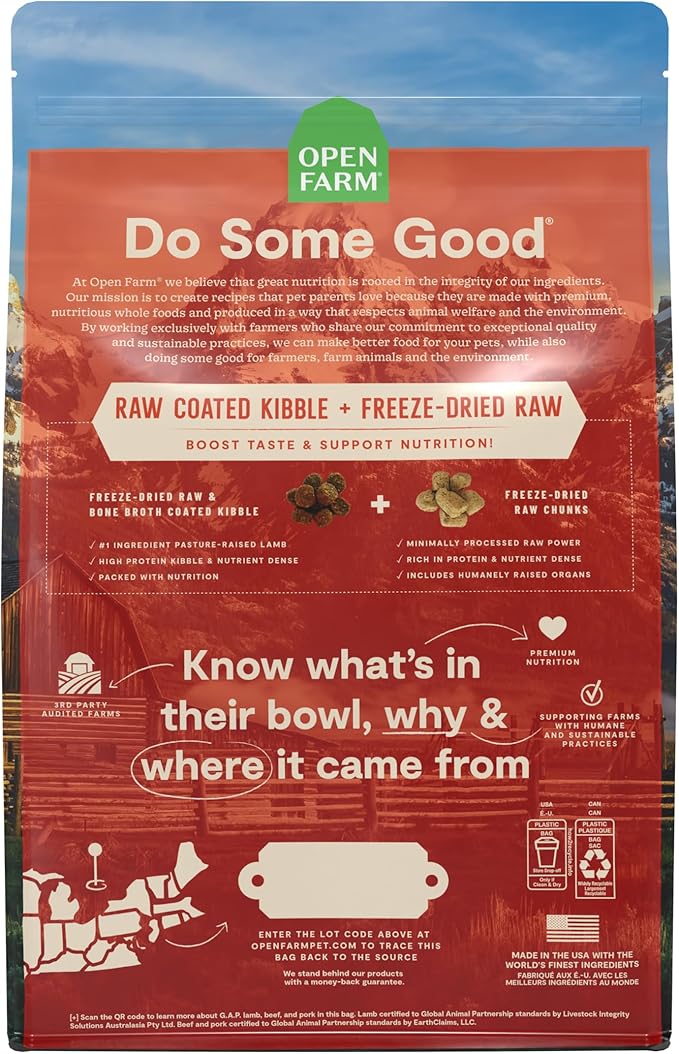 Open Farm, RawMix Ancient Grains Dry Dog Food, Protein-Packed Kibble Coated in Bone Broth with Freeze Dried Raw Chunks, Lamb Venison Bison, Great Plains Recipe, 3.5lb Bag