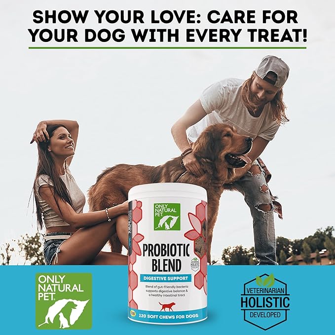 Only Natural Pet Probiotic Dog and Cat Supplement - Digestive & Gut Health Enzyme Formula, Puppy & Canine Digestive Chews, Best for Stomach Relief & Gas Aid - Soft Chews, 120 Count.