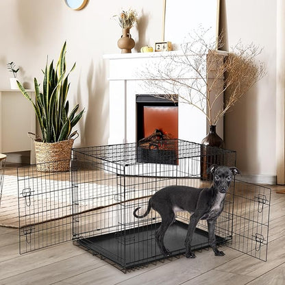 DUMOS Dog Crate, 48 Inch Extra Large Double Door Dog Cage with Plastic Leak-Proof Pan Tray, Folding Metal Wire Pet Kennel for Indoor, Outdoor, Travel